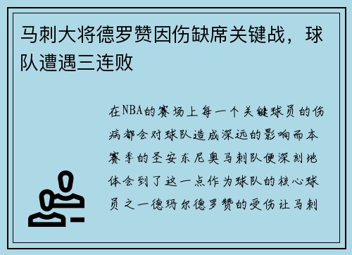马刺大将德罗赞因伤缺席关键战，球队遭遇三连败