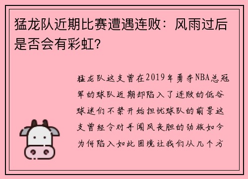 猛龙队近期比赛遭遇连败：风雨过后是否会有彩虹？
